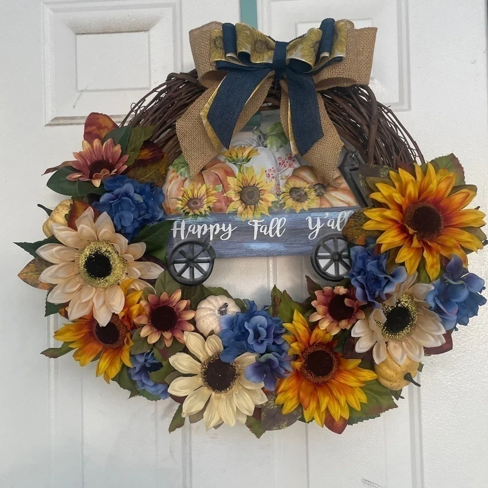 Handmade fall sunflower wreath sign says happy fall y’all 24”